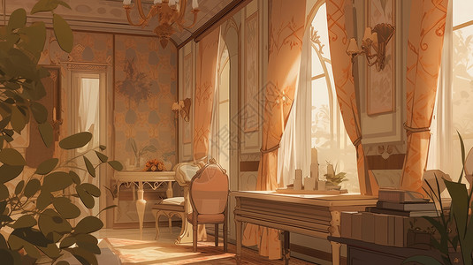 窗帘欧式暖色调复古欧式风格客厅装修插画