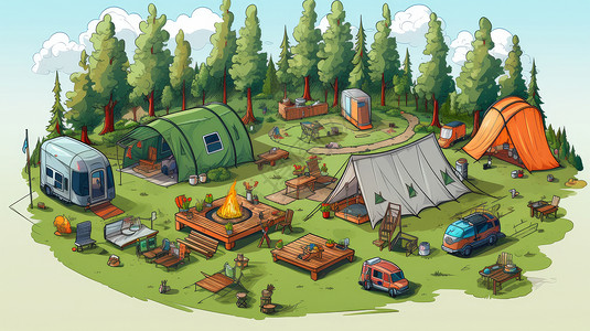 在森林中露营的各种帐篷和汽车卡通露营基地图片