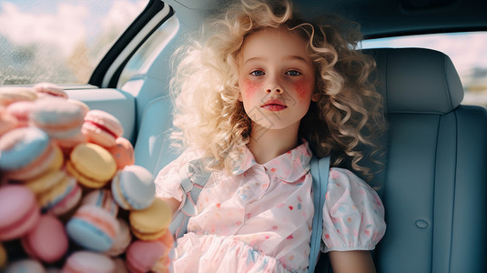 金色卷发小女孩坐在车内图片