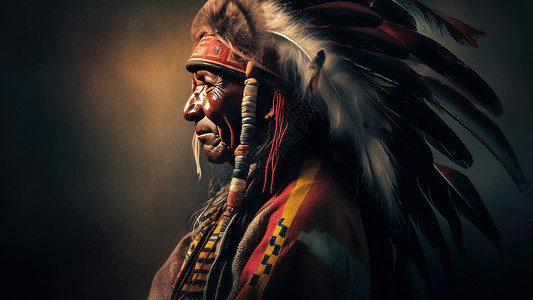 酋长头戴羽毛黝黑的皮肤皱纹深深的老人高清图片