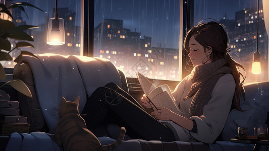 窗前的女孩和猫夜晚卧在温暖的沙发上看书的卡通女人插画