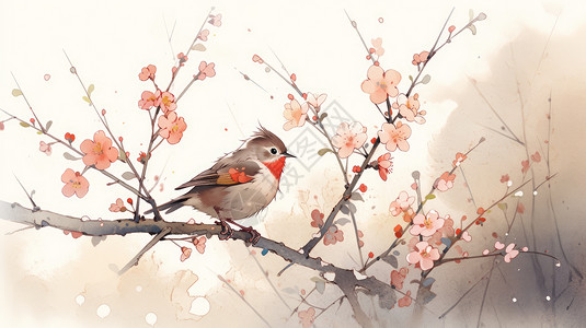 桃花枝上小鸟站在桃花枝上可爱的小鸟水墨风插画