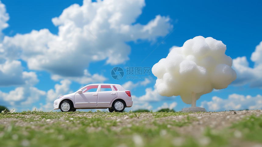 停在野外草上玩具粉色小汽车与云朵微距图片