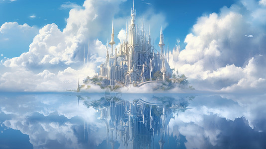 平静的湖面上云朵间一座神秘的欧式复古卡通城堡图片