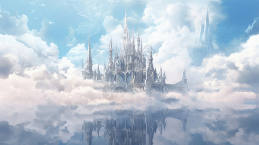 云中宫殿蓝天白云中一座神秘梦幻的欧式复古卡通城堡插画