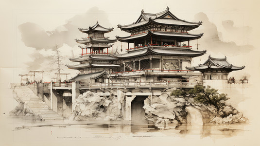 古风纸张素材复古纸张上画着的水墨风平面古风建筑插画