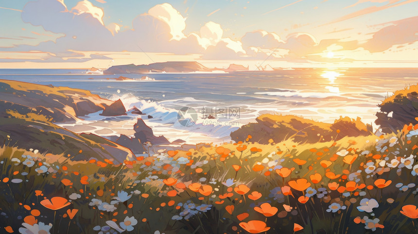 海边开满鲜花的山坡映衬着美丽的夕阳卡通风景图片