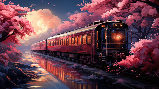 河边跑道开满粉色花朵的树一列卡通火车正在开过插画