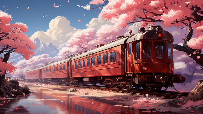 一列红色的卡通火车从开满粉色花朵的树下路过图片