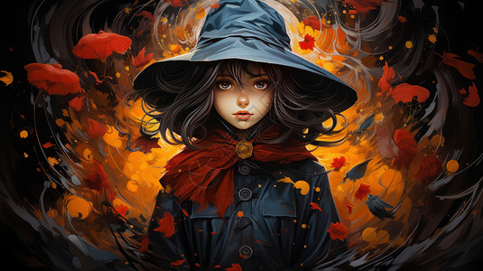 魔女斗篷戴黑色帽子穿红色斗篷的卡通小女孩插画