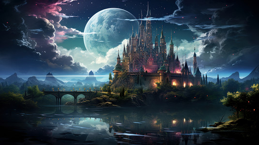 复古欧式背景夜晚天空巨大的星球湖边一座亮着灯魔幻的欧式复古卡通城堡在插画
