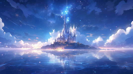 夜晚湖中心一座梦幻神秘的卡通欧式复古城堡图片