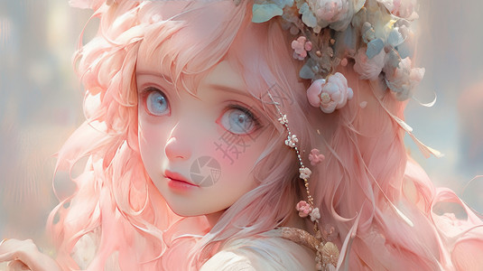 粉色长发卡通女孩头戴花朵背景图片