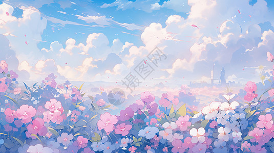 金沙空中花园唯美一望无际开满鲜花的花田卡通风景插画