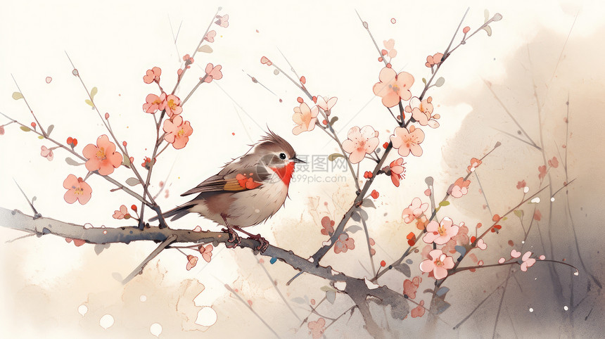站在桃树枝上可爱的水彩风卡通小鸟图片
