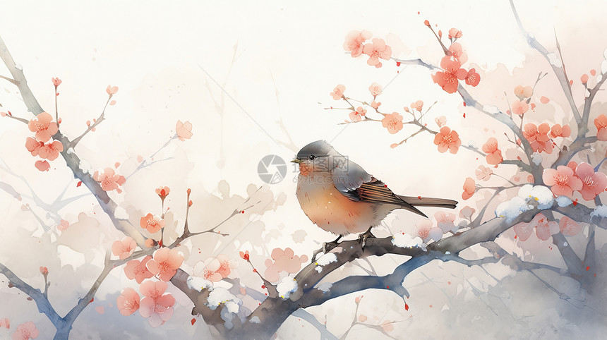 可爱的卡通小鸟站在梅花盛开的树枝上图片