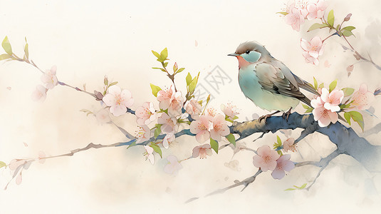 梅花盛开桃花盛开的树枝上站着一只卡通小鸟水墨风插画