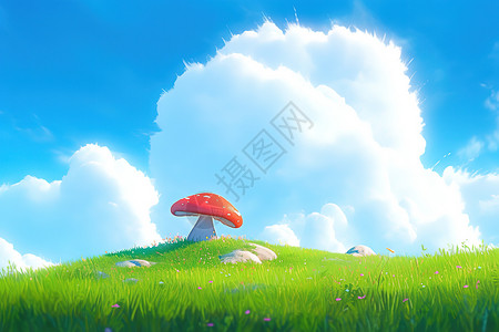 红网纹草绿色草地上的大蘑菇动漫场景插画