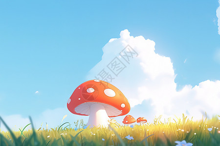 撑起红色伞绿色草地上的大蘑菇插画插画