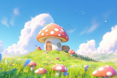草原上树屋可爱的卡通小清新蘑菇小屋插画