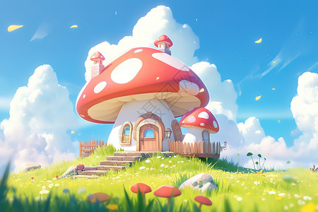 草原高原蘑菇小屋可爱卡通小清新背景图片