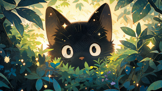 大深林可爱的大眼睛黑色卡通小猫躲在草丛后插画