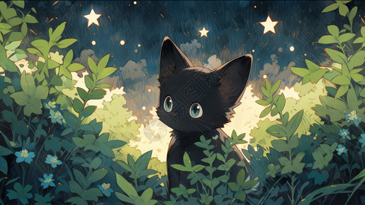 在茂密的草丛后看星星的卡通小黑猫高清图片