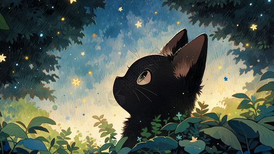 幼砂糖在草丛中仰望星空的可爱卡通人小黑猫插画