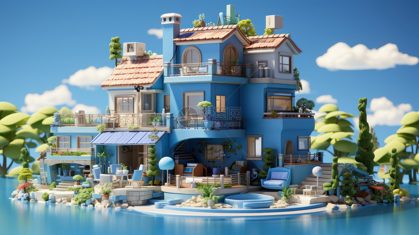湖边美丽的立体卡通蓝色别墅图片