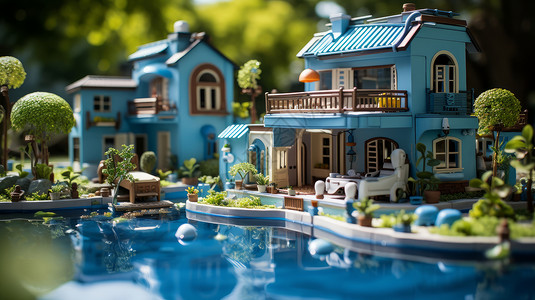 森林中澄澈的泳池旁一座漂亮的立体卡通蓝色小别墅背景图片