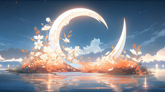 中秋月亮夜景唯美场景插画图片