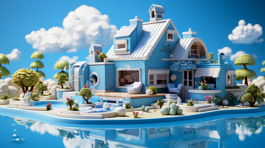 蓝色泳池边一座白色屋顶蓝色墙壁的漂亮立体卡通小别墅插画