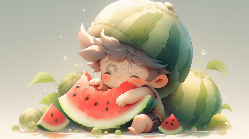 可爱的卡通小男孩在抱着西瓜吃西瓜图片