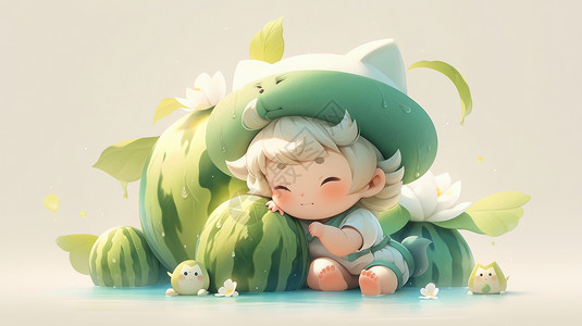 戴着绿色帽子的可爱卡通小男孩依靠着大西瓜在睡觉图片
