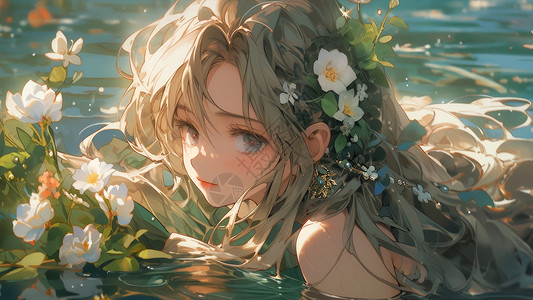 古风白花素材头戴花朵的二次元长发卡通女孩在水中游泳插画