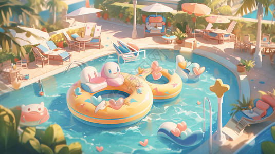 夏日祭和风团扇清澈的蓝色户外卡通泳池飘着两个可爱游泳圈插画