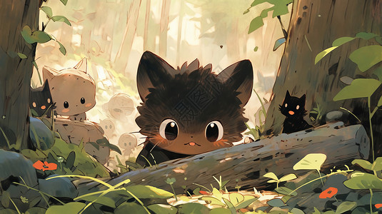 在森林中可爱的卡通小黑猫在观察背景图片