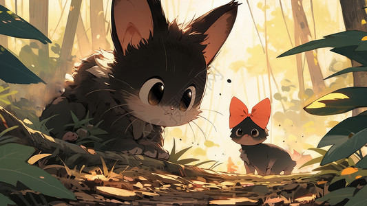 在森林中蹲守猎物的卡通小猫高清图片