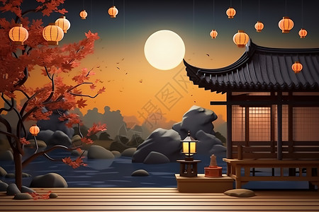 八坂神社夜景中秋节建筑灯笼节日插画插画