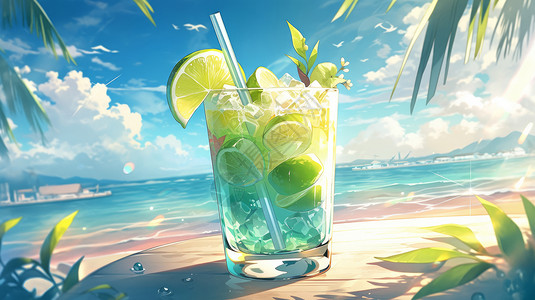 夏日海边清爽卡通柠檬汁饮料插画