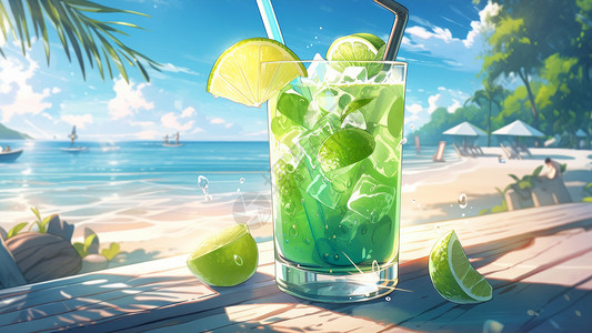 夏日青柠薄荷放在海边桌子上清爽柠檬果汁饮料插画