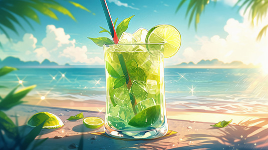 卡通绿色清爽柠檬水放在大海边图片