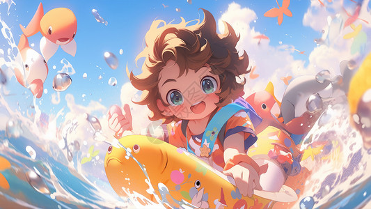 夏日祭和风团扇可爱的卡通男孩开心的在大海中冲浪插画