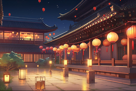 寺庙灯中秋节场景灯笼古建筑中国风插画