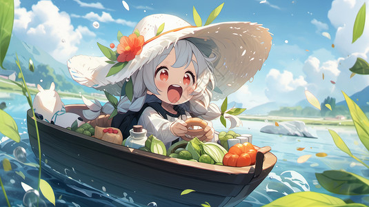 蔬菜在水中可爱的卡通女孩戴着遮阳帽在湖面上玩耍插画