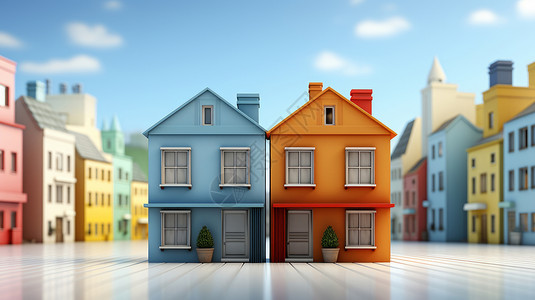 双层别墅蓝色和橙色立体卡通双层房子插画
