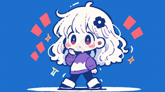 一件毛衣白色头发穿紫色毛衣的可爱卡通女孩插画