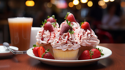 草莓橙汁美味的餐后甜点草莓奶油蛋糕插画