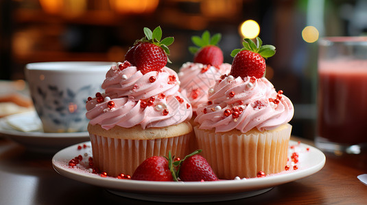 写实美食在盘子中粉色奶油草莓蛋糕插画