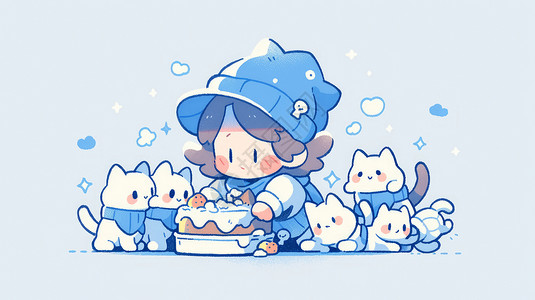 蓝色生日蛋糕给宠物猫做饭的可爱卡通小孩插画